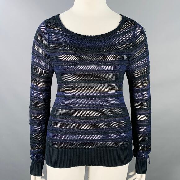RAG & BONE Size L Navy Black Cotton Blend Textured Stripe Open Knit Pullover - Picture 1 of 12